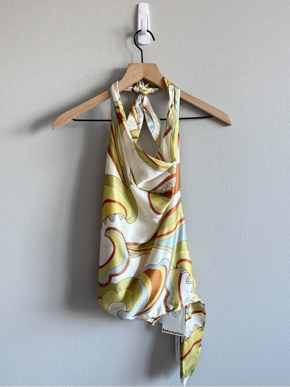 Reformation Jony Silk Top cowlkeck halter swirl print vacation resortwear euro